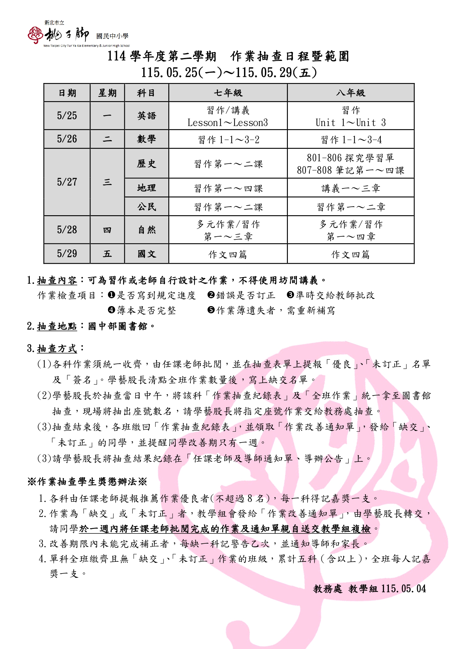 作業抽查時程暨範圍